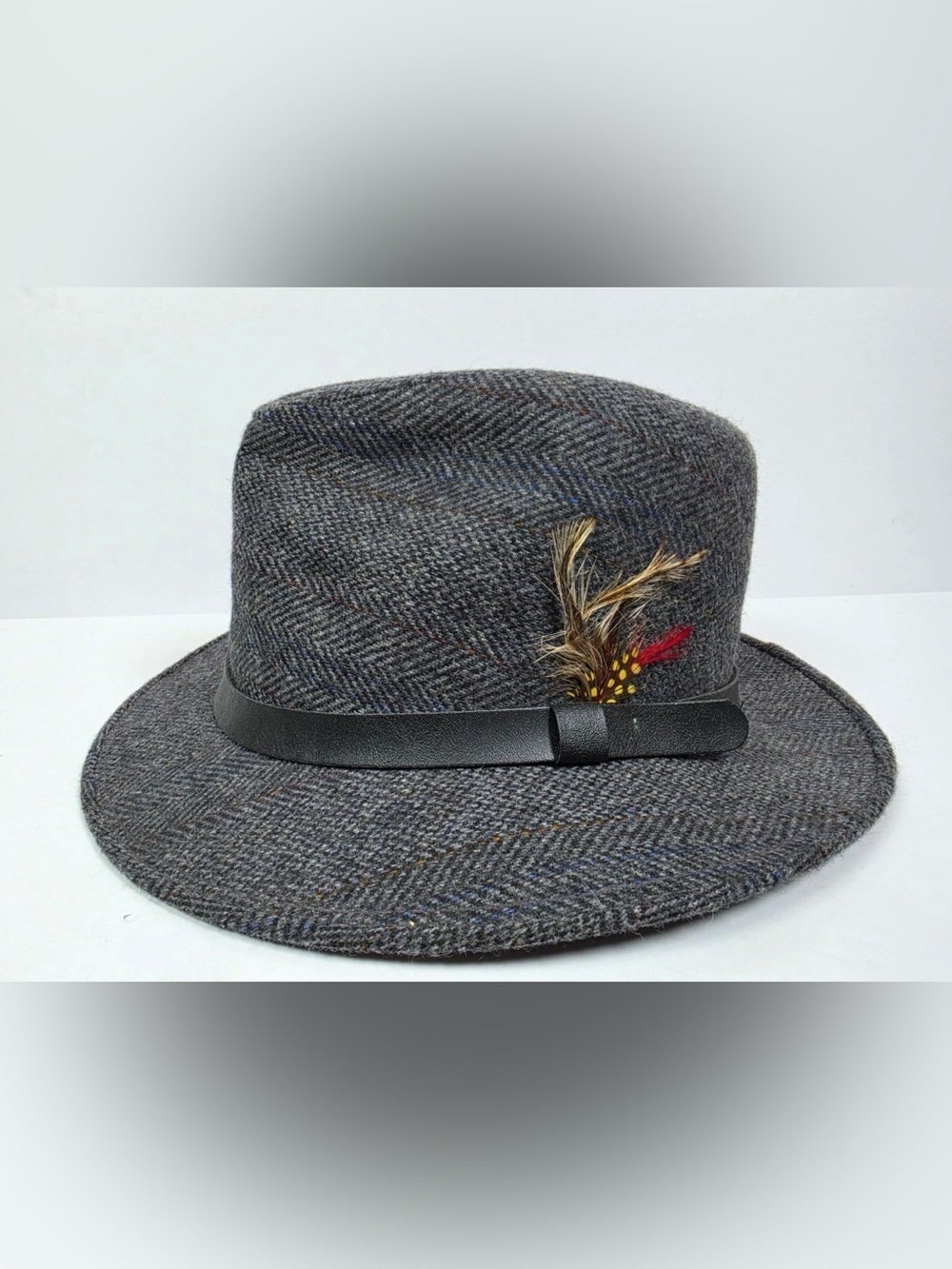 Vtg Stetson Mens Fedora Gray Tweed Herringbone Feather Made USA Large 7 1/4